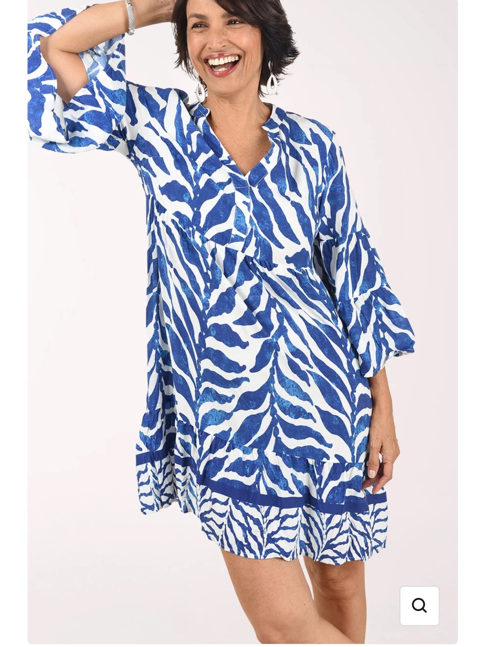 Mlle Gabrielle blue and white geometric print button-front dress size Small